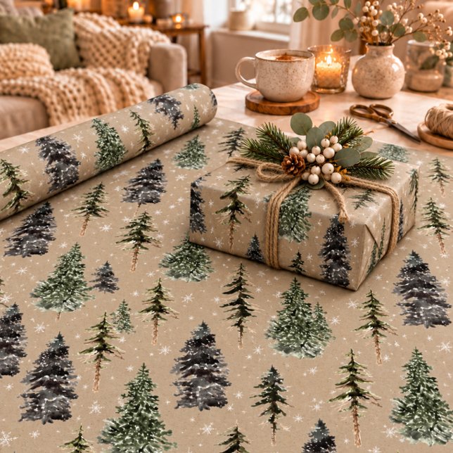 Rustic Kraft Winter Woodland Snowy Spruce Träd Presentpapper (Skapare uppladdad)