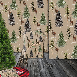 Rustic Kraft Winter Woodland Spruce Träd & Hjort Presentpapper