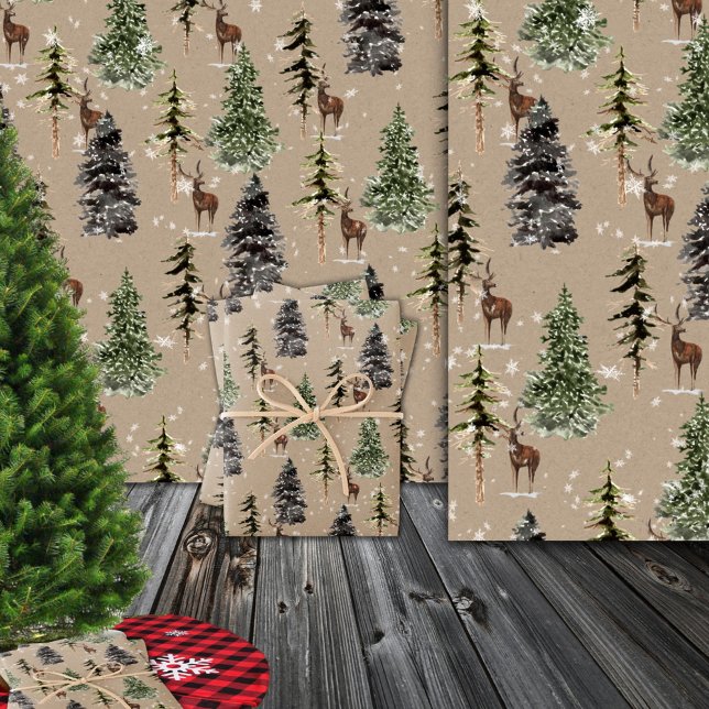 Rustic Kraft Winter Woodland Spruce Träd & Hjort Presentpapper (Rustic Kraft Winter Woodland 
Spruce Trees & Deer Christmas Holiday Wrapping Paper Rolls)