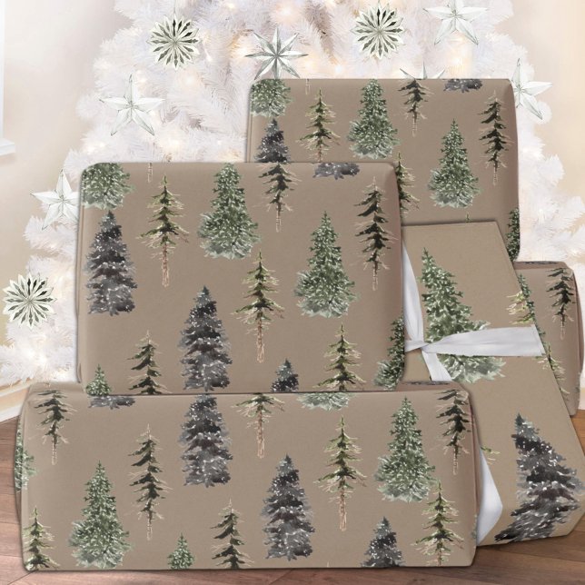 Rustic Kraft Winter Woodland Spruce Träd Matte Presentpapper (Rustic Kraft Winter Woodland Spruce Trees Matte Christmas Holiday Wrapping Paper Rolls)