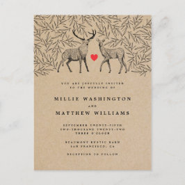 Rustic Kraft Woodland Buck & Doe Botanical Bröllop Inbjudan Vykort