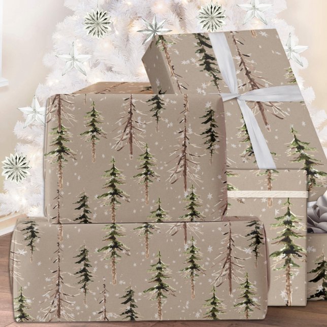 Rustic Kraft Woodland Sparse Scraggly Spruce Träd Presentpapper (Rustic Kraft Woodland Sparse Scraggly Spruce Trees Christmas Holiday Wrapping Paper Rolls)