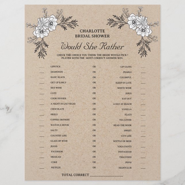 Rustic Kraft Would She Rather Bröllopsduschspel Reklamblad (Framsidan)