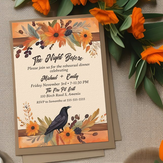 Rustic Kråka Fall Boho Watercolor Rehearsal Middag Inbjudningar (Rustic Fall boho wedding rehearsal dinner invitation: Orange watercolor floral with country crow)