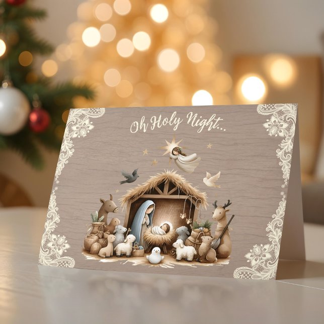 Rustic Lace and Wood Nativity Scene Christmas Card Helgkort (Rustic Lace and Wood Nativity Scene Christmas Card)