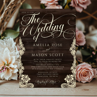 Rustic Lace and Wood Script Calligraphy Wedding Inbjudningar
