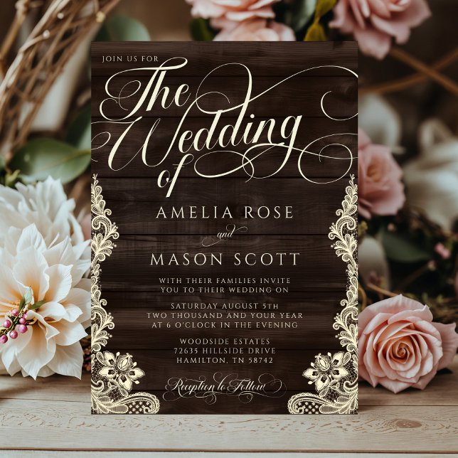 Rustic Lace and Wood Script Calligraphy Wedding Inbjudningar (Rustic Lace and Wood Script Calligraphy Wedding Invitation)
