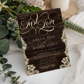 Rustic Lace Dark Wood Just Love Script Wedding Inbjudningar