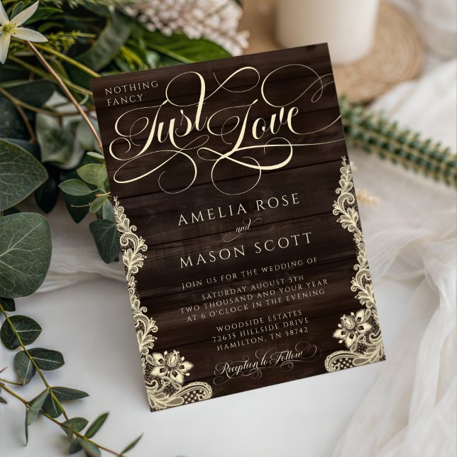 Rustic Lace Dark Wood Just Love Script Wedding Inbjudningar (Rustic Lace Dark Wood Nothing Fancy Just Love Script Wedding Invitation)
