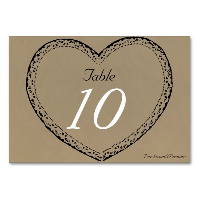Rustic Lace Hearts bröllopsbord nummerkort Bordsnummer (Framsidan)