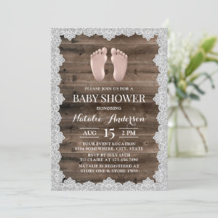 Rustic Laced Barn Wood Baby Feet Baby Shower Inbjudningar