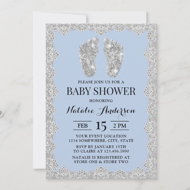 Rustic Laced Silver Feet Light Blue Baby Shower Inbjudningar (Framsida)
