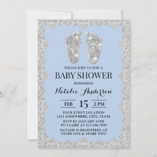 Rustic Laced Silver Feet Light Blue Baby Shower Inbjudningar