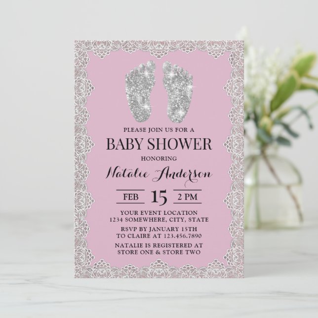 Rustic Laced Silver Feet Rosa Gril Baby Shower Inbjudningar (Stående Fram)