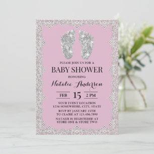 Rustic Laced Silver Feet Rosa Gril Baby Shower Inbjudningar