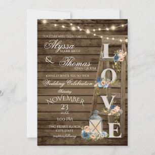 Rustic Ladder och Ljus Vintage Blue Kärlek Bröllop Inbjudningar