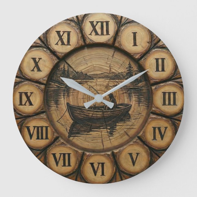 Rustic Lake Fishing Wall Clock | Wood style  Stor Klocka (Framsida)
