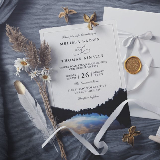 Rustic Lake Reflections Lakeside QR Code Wedding Inbjudningar (Skapare uppladdad)