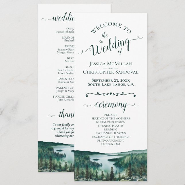 Rustic Lake Tahoe Watercolor Landscape Wedding Program (Fram/baksida)