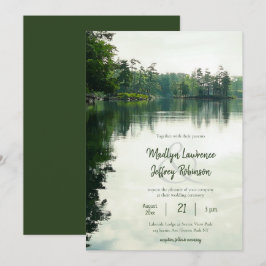 Rustic lakeside evergreens reflektion bröllop inbjudningar