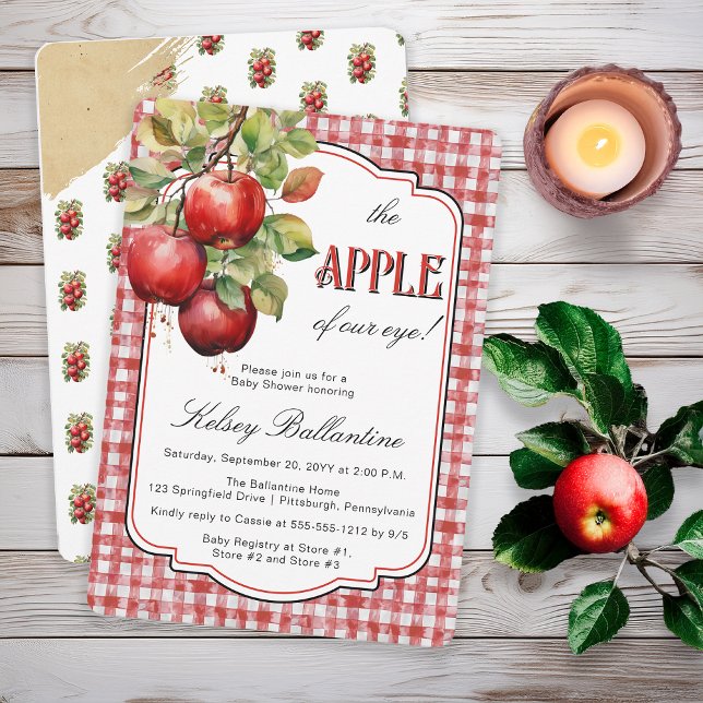 Rustic Land-äpple från vår Öga-babyskor Inbjudningar ("The Apple of Our Eye!"  Country Rustic Apple Theme Torn Brown Paper Red White Gingham Checks Invite)