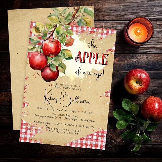Rustic Land-äpple från vår Öga-babyskor Inbjudningar ("The Apple of Our Eye!"  Country Rustic Apple Theme Torn Brown Paper Red White Gingham Checks Invite)