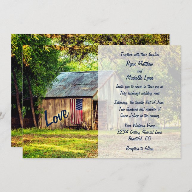 Rustic Land Barn American Flagga Wedding bjudes in Inbjudningar (Fram/baksida)