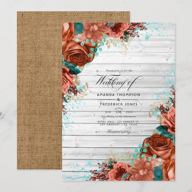 Rustic Land Barn Coral och Teal Blommigt Bröllop Inbjudningar (Fram/baksida)