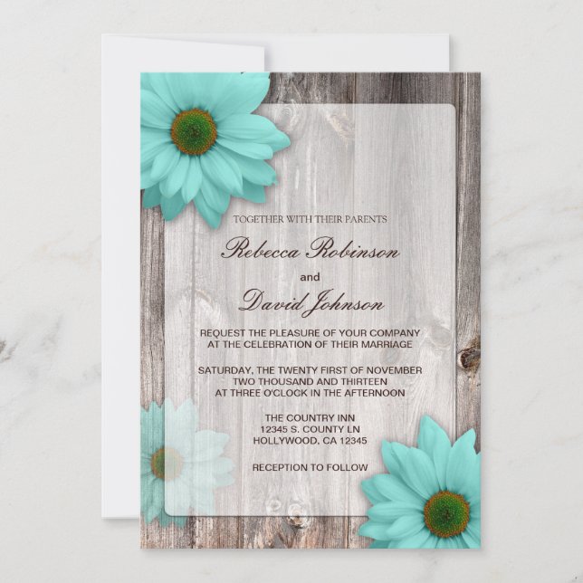 Rustic Land Barn med Teal Blue Daisys Bröllop Inbjudningar (Framsida)
