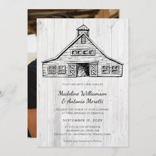Rustic Land Barn Simple Wood Wedding bjudande in Spara Datumet (Fram/baksida)