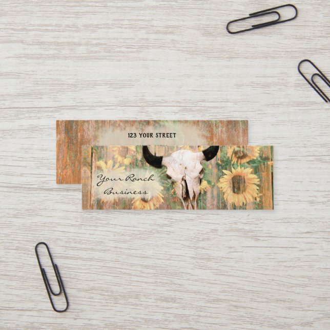 Rustic Land Barn Western Bull Skull Sunblommor Mini Visitkort (Fram/Back In Situ)