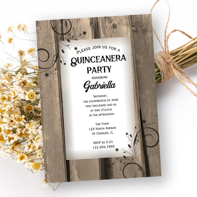 Rustic Land Barn Wood Blommigt Quinceanera Party Inbjudningar (Skapare uppladdad)