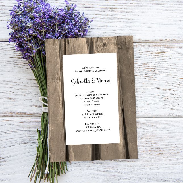 Rustic Land Barn Wood Förlovningsfest Inbjudningar (Set a rustic tone for your barn party engagement celebration with this charming invitation.)