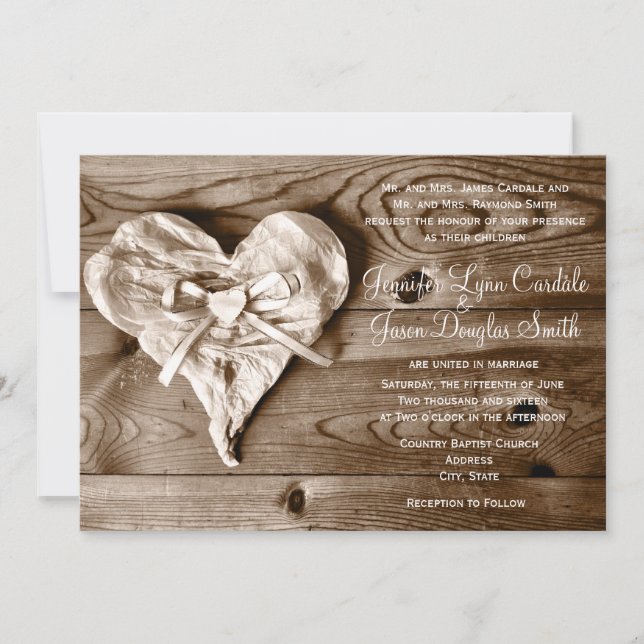 Rustic Land Barn Wood Heart Wedding bjudande in Inbjudningar (Framsida)
