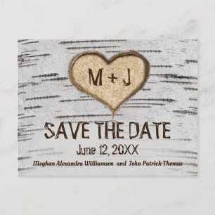Rustic Land Birch Heart initialer Spara datum Vykort
