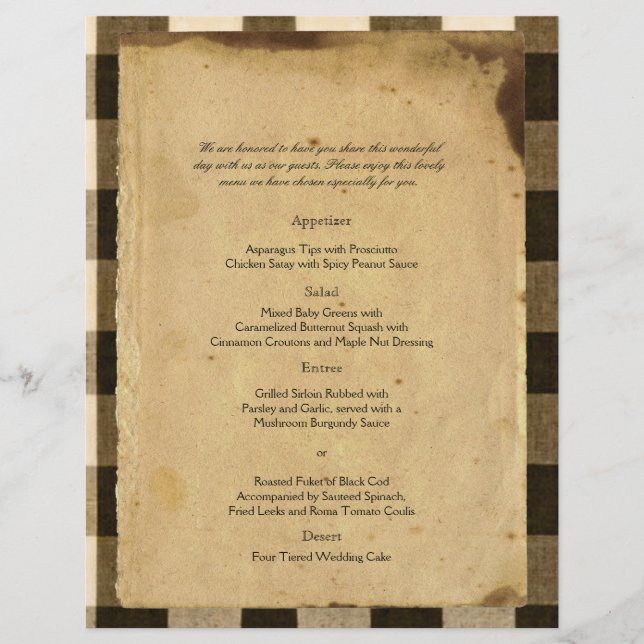 Rustic Land Black Sepia Checks Bröllop Menu (Framsida)