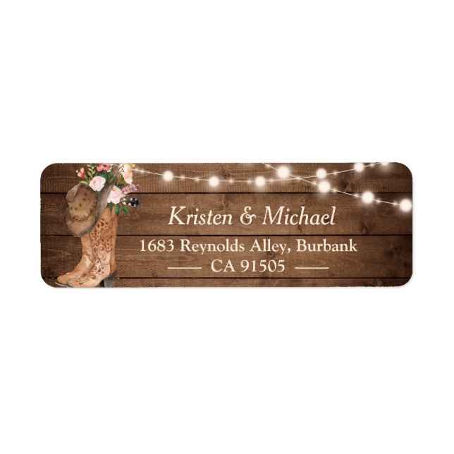 Rustic Land Blommigt Boots String Ljus Returadress Etikett (Framsidan)