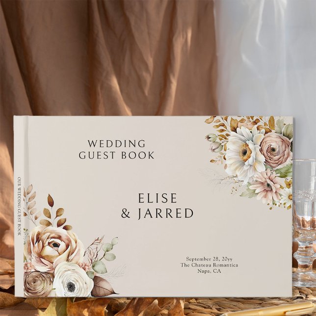 Rustic Land Blommigt Brown Neutralt Bröllop Gästböcker (Wedding guest book from the Rustic Floral Brown Neutral Wedding Collection by Darling & May)