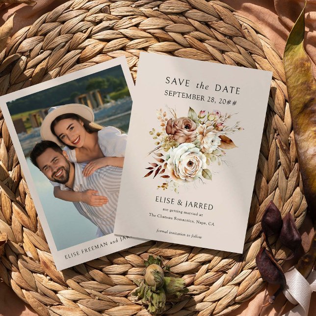 Rustic Land Blommigt och Förlovning Photo Bröllop Spara Datumet (Save the Date Photo Invite from the Rustic Floral Brown Neutral Wedding Collection by Darling & May)