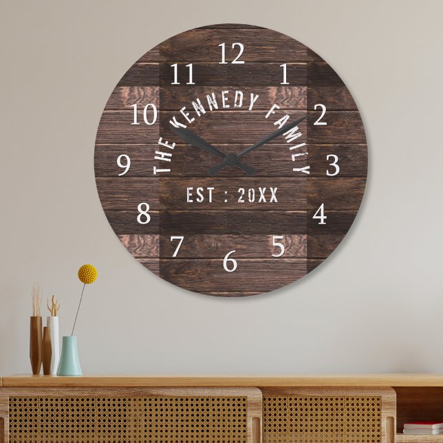 Rustic Land bonusfamilj Namn Wood Stor Klocka (Rustic Country Farmhouse Family Name Wood Large Clock)