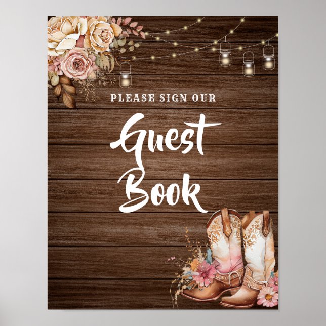 Rustic Land Boots Cowgirl Birthday Guest Bok Poster (Framsidan)