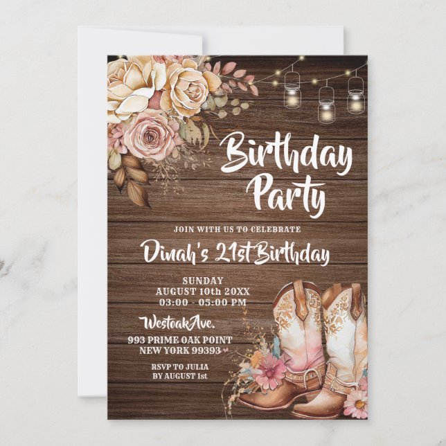 Rustic Land Boots Cowgirl Blommigt Birthday Inbjudningar (Framsida)