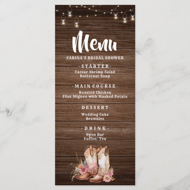 Rustic Land Boots Cowgirl Blommigt Birthday Menu Meny (Framsida)