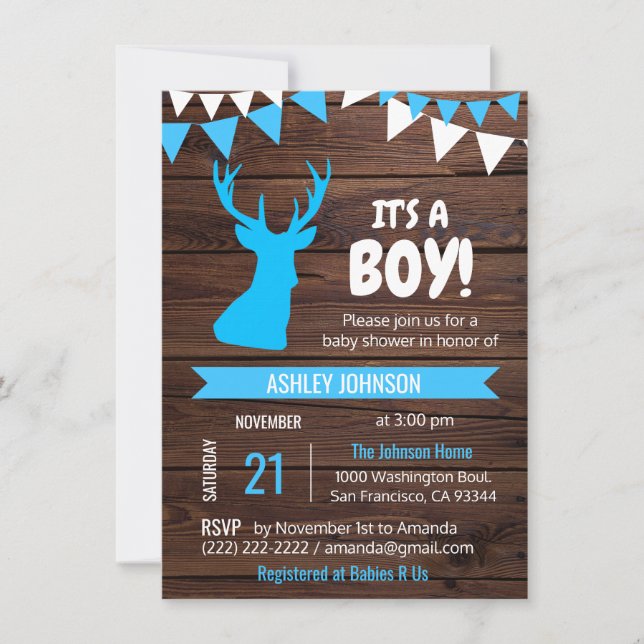 Rustic Land Buck Hjort BOY Baby Shower Inbjudan (Framsida)