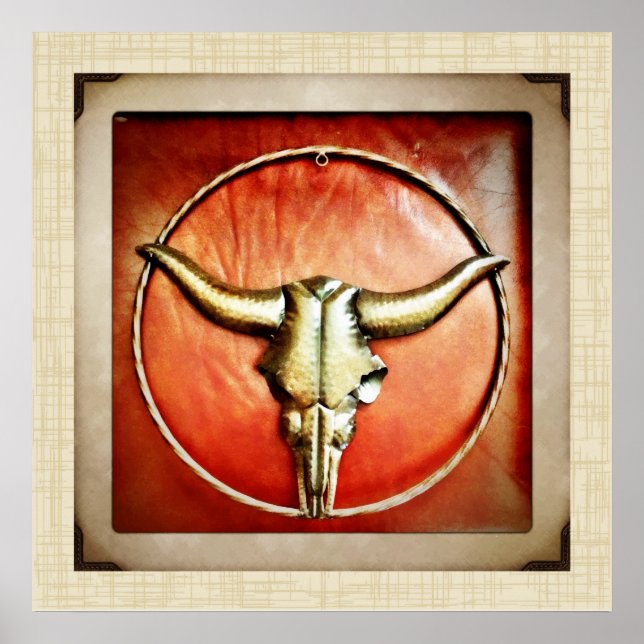 Rustic Land Bull Horns Faux Leather Design Poster (Framsidan)