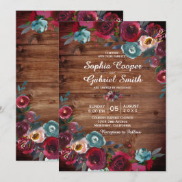 Rustic Land Burgundy Red Navy Blommigt Bröllop Inbjudningar