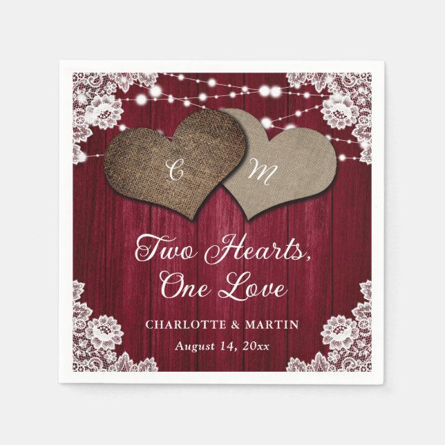 Rustic Land Burgundy Wood Burlap Snöre Bröllop Pappersservett (Framsidan)