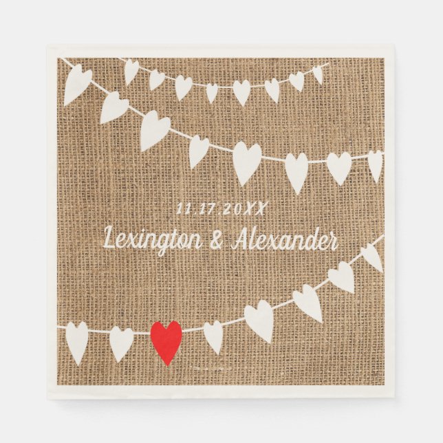 Rustic Land Burlap and String Hearts Bröllop Pappersservett (Framsidan)