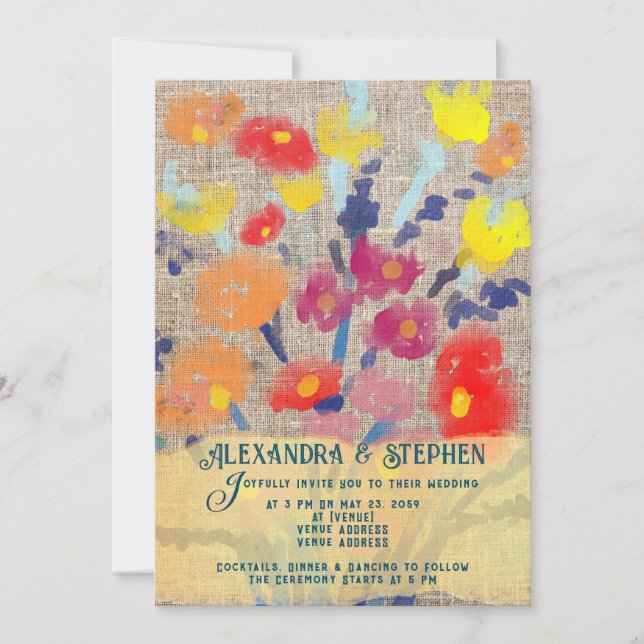 Rustic Land Burlap Bohemian Wildblomma Bröllop Inbjudningar (Framsida)