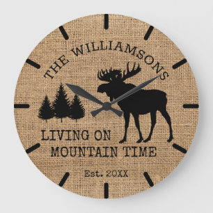 Rustic Land Burlap Living Mountain Time Moose Stor Klocka